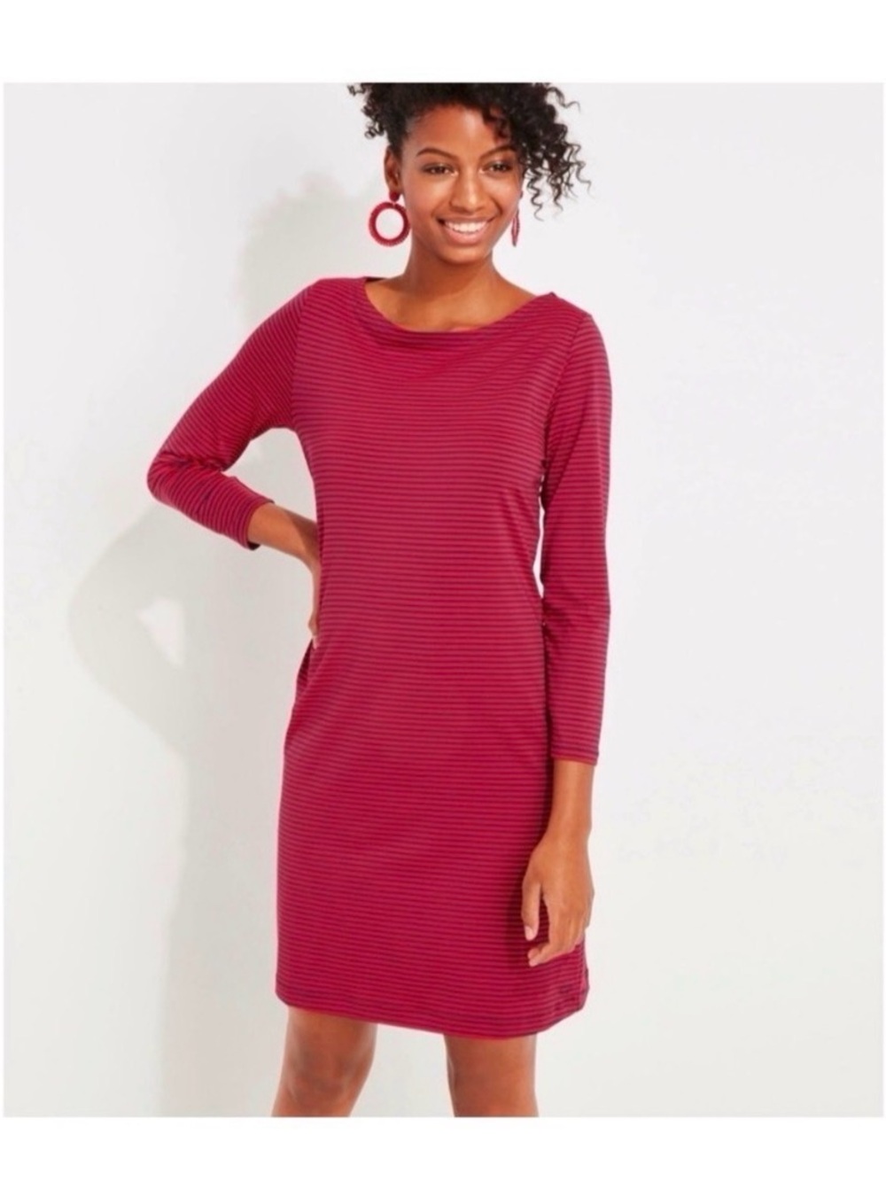 VINEYARD VINES Red and Navy Blue Striped Sankaty Long Sleeve Dress Size XL - Picture 3 of 6